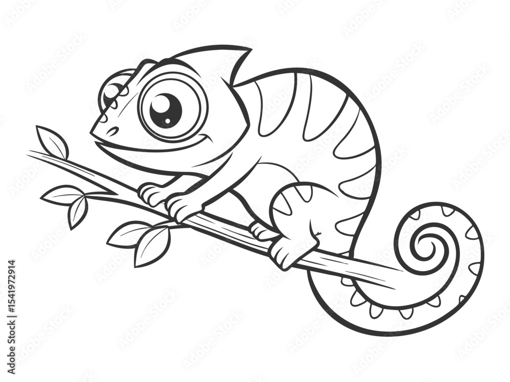 Fototapeta premium Cute cartoon funny chameleon. Black and white vector illustration for coloring book