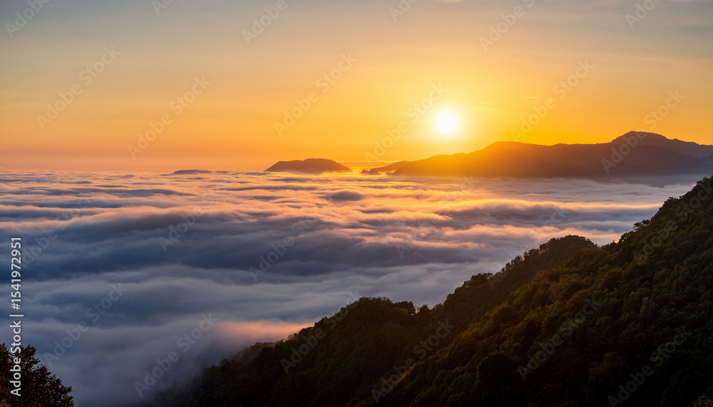 Fototapeta premium golden sunrise crests over a boundless sea of fog fog majestic fantasy