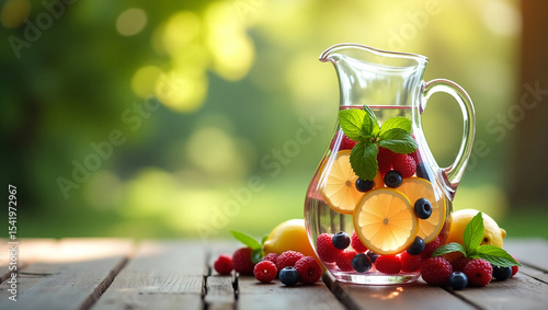 Glass pitcher with infused water with lemon, mint and berries on an outdoor table
