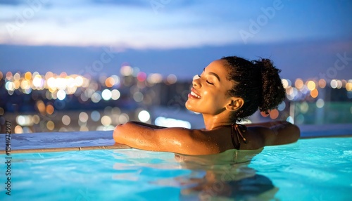 Stunning african woman enjoying relaxation in a pool with water surrounding her and a joyous expression on her face