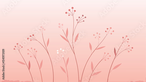 Delicate pink botanical illustration of sparse blooming stems and subtle floral elements