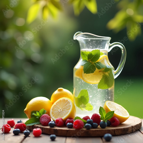 Glass pitcher with infused water with lemon, mint and berries on an outdoor table