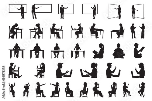 Education Activity Silhouette Icon Set – Students, Teachers, Office, Learning Vector Bundle