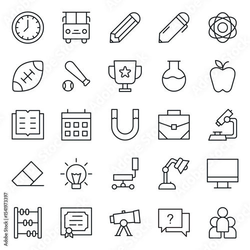 Set of school subjects linear icons. Science, music and art lessons. Geography, physics, history, mathematics, astronomy, biology icons for students curriculum. Flat vector illustration.