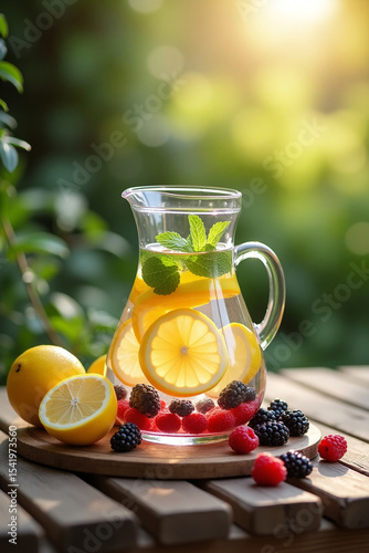 Glass pitcher with infused water with lemon, mint and berries on an outdoor table