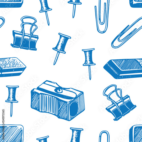 Vector school supplies eraser pencil sharpener paper clip illustration line drawn. Seamless pattern different stationery, button, push pins. Hand drawn blue objects Education Back to School concept
