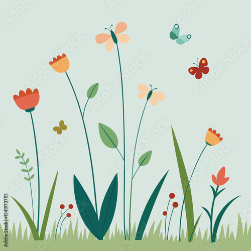 Delightful springtime garden scene with colorful flowers and floating butterflies in a meadow