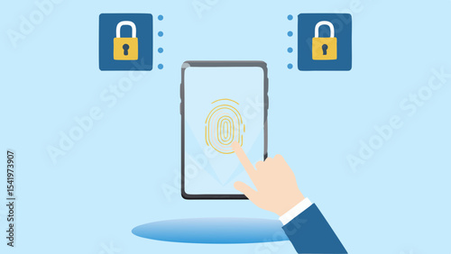 Fingerprint authentication on a smartphone with secure lock icons on a light blue background scene