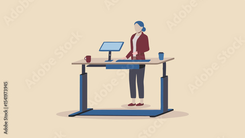 Woman standing at an adjustable desk with a computer monitor and two mugs in a light background