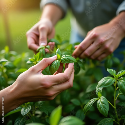 Close-up of hands picking fresh herbs in a summer garden, a theme of healthy living