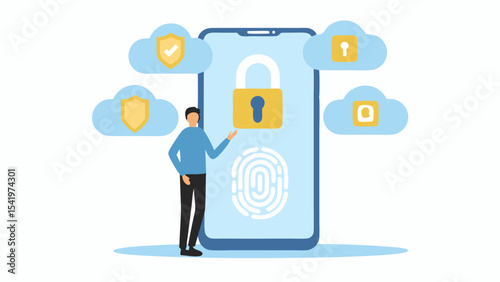 A digital illustration of a man presenting mobile security with cloud and fingerprint sensor lock