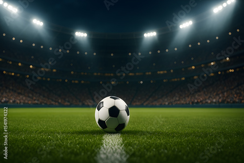 Soccer Ball on Stadium Field Under Floodlights – Night Match Kickoff Scene