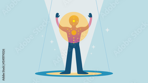 Person with glowing head and body standing on stage with spotlight and sparkles around them