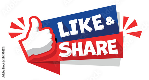 like and share icon for web channel or social media. Vector thumb up banner on transparent background