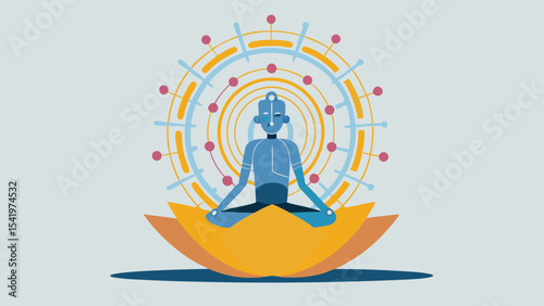 Robot meditating in lotus position with circular tech design radiating from behind on a light background