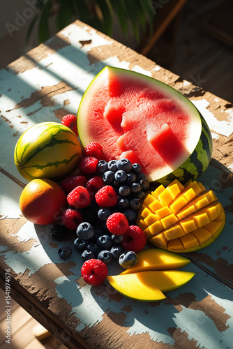Assorted fresh summer fruits (watermelon, berries, mango) on a wooden table in rustic style