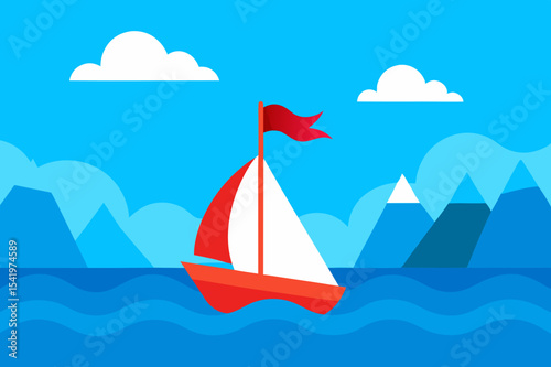Red sailboat sailing on blue ocean with mountains