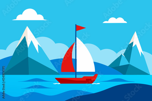 Red sailboat sailing past mountains on calm ocean