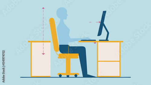 Illustration of a person sitting at a desk with a computer and proper ergonomics shown with arrows