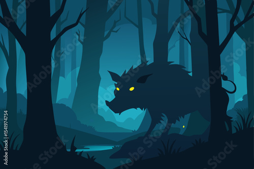Silhouette of a wild boar in a dark forest