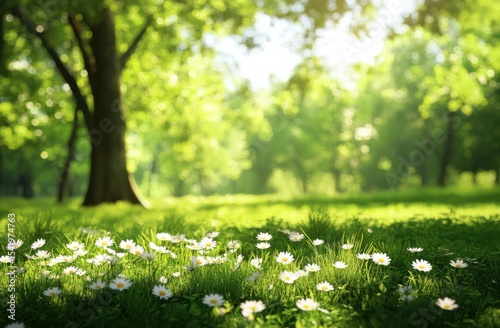 Blurred background of nature in spring featuring a field of blooming daisies and surrounding trees creating a serene and peaceful atmosphere