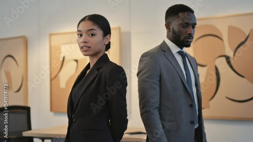Business Woman and Man Standing Back to Back in Office Studio