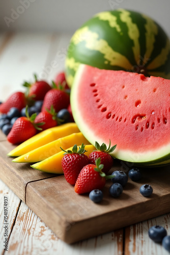 Assorted fresh summer fruits (watermelon, berries, mango) on a wooden table in rustic style