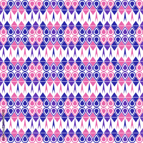 Colorful geometric seamless pattern with teardrop and triangle shapes in pink, blue and purple.