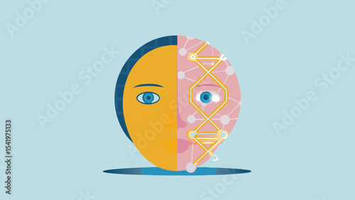 Illustration of a human face divided between organic and technological elements with dna strand