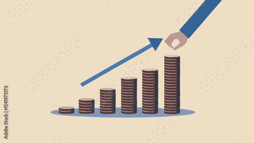 Illustration of a hand adding to a stack of coins with an upward trending arrow behind it