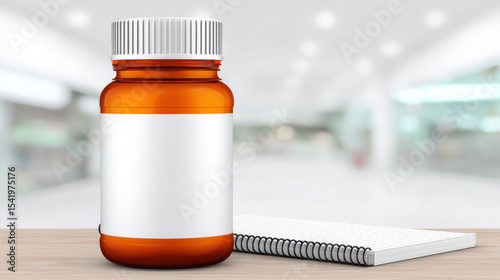 Amber medicine bottle with blank label and white notebook