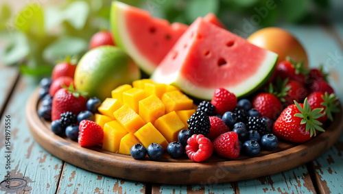 Assorted fresh summer fruits (watermelon, berries, mango) on a wooden table in rustic style