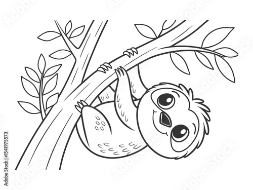 Cute cartoon sloth on a tree. Black and white vector illustration for coloring book
