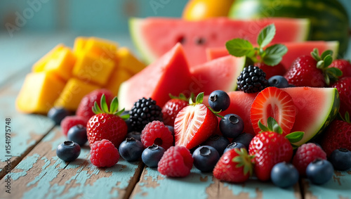 Assorted fresh summer fruits (watermelon, berries, mango) on a wooden table in rustic style