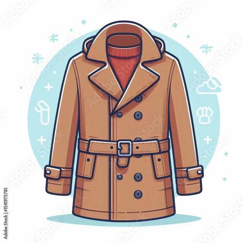 A cartoonstyle brown belted trench coat with dark blue buttons over a red sweater
