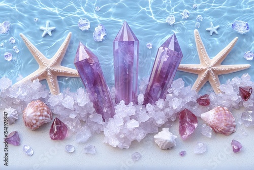 A crystals, amethyst, sand, starfish, sea creatures, sea glass. Generative AI