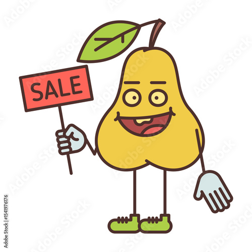 Pear character half turn holding sign with inscription sale and smiling