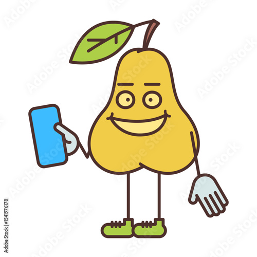 Pear character half turn holding smartphone and smiling
