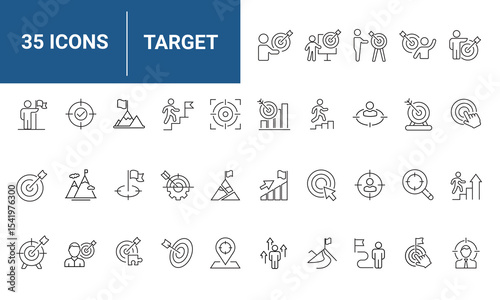 Target set of web icons in line style. Goal target and mission success linear icon collection. Containing goal, achievement, success, aim, goal, crosshair, shoot, shooting, aim, arrow. Editable stroke