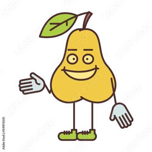 Pear character half turn points hand and smiling