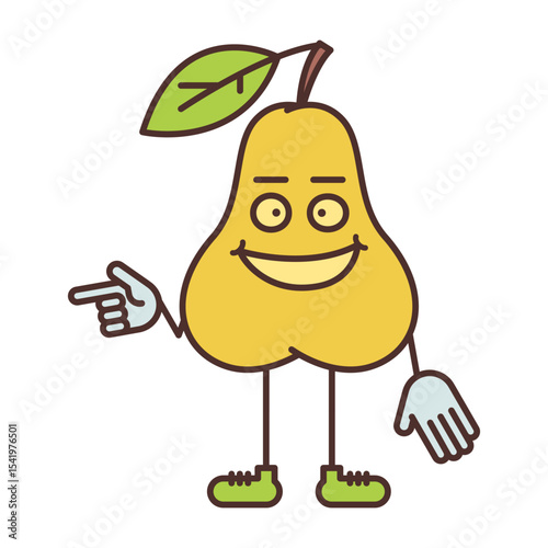 Pear character points finger and smiling