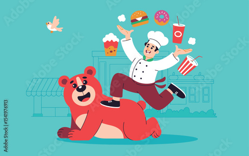 playful cartoon chef riding a red bear with fast food items floating around, whimsical culinary adventure outside a colorful restaurant