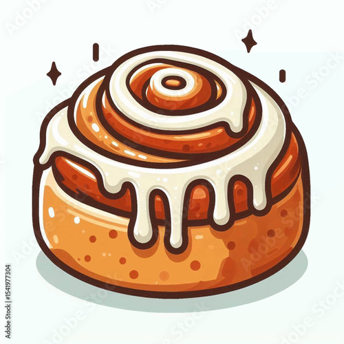 A cartoonstyle cinnamon roll with white icing brown outlines and sparkling effects against a light background