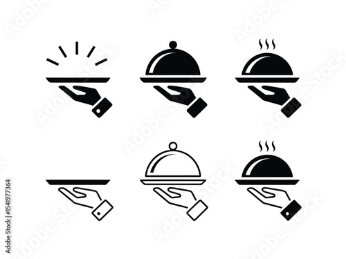 Six Black and White Hand Serving Tray Icons cloche