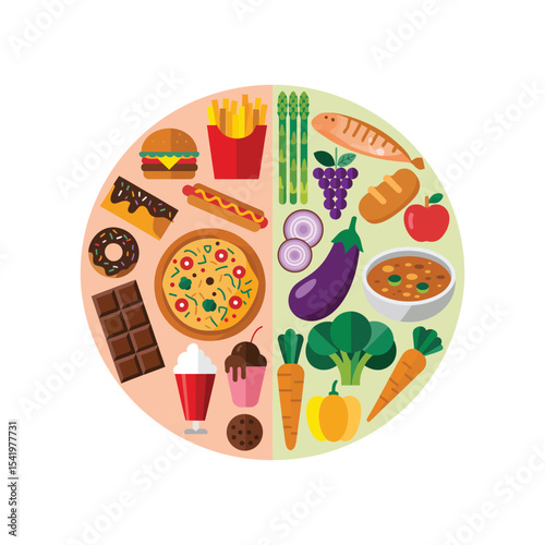 illustration of healthy and unhealthy food choices divided in half showing vegetables, fruits, junk food, fast food, and sweets