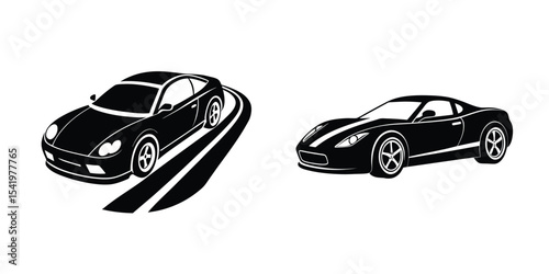 Minimal Flat Silhouette of a Compact Sports Car Gliding in Three‑Quarter Perspective on White Background