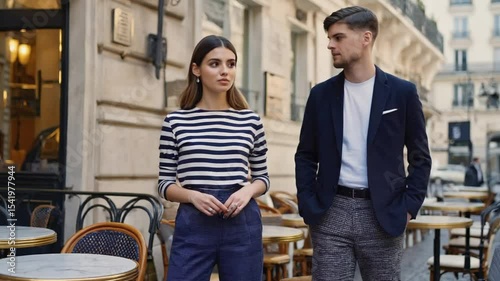 Young Couple Standing Near Outdoor Cafe Tables in European City