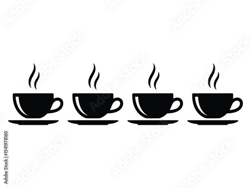 Four Black Coffee Cups Steam White Background mugs