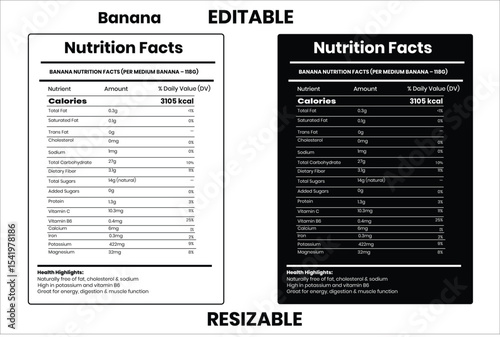 Banana, nutrition facts, nutrition, nutrition label, calories in food, nutrition info, supplement facts, vector template
