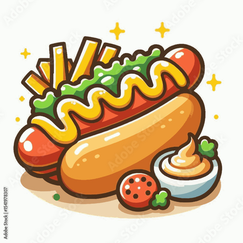 A cartoonstyle hot dog with mustard fries lettuce tomato and a bowl of condiment